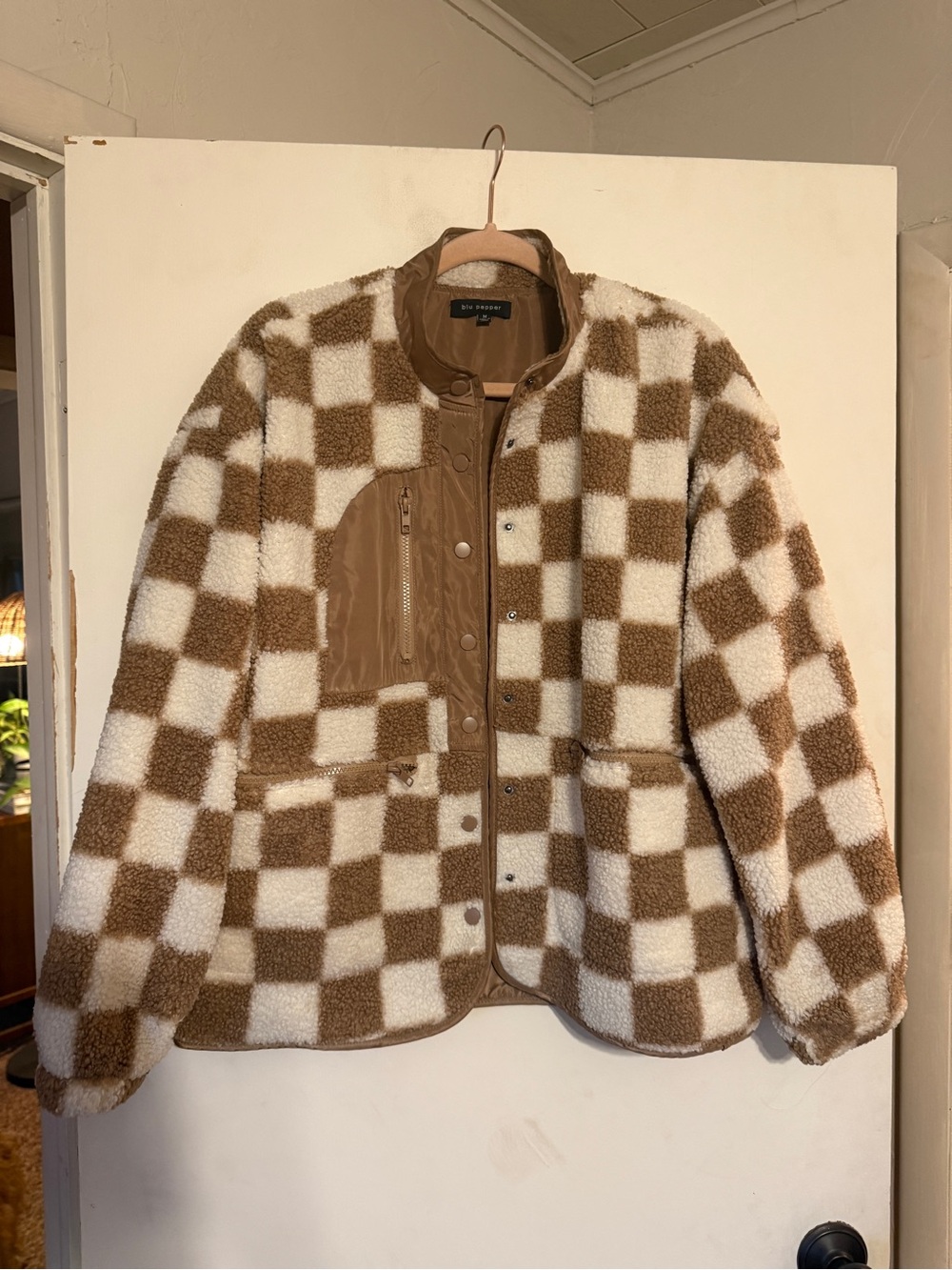 Blu Pepper Brown and White Checkered Sherpa Jacket